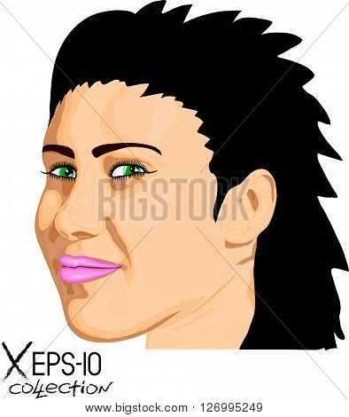 Abstract Portrait of young brunette woman with green eyes and punk hair. Vector illustration