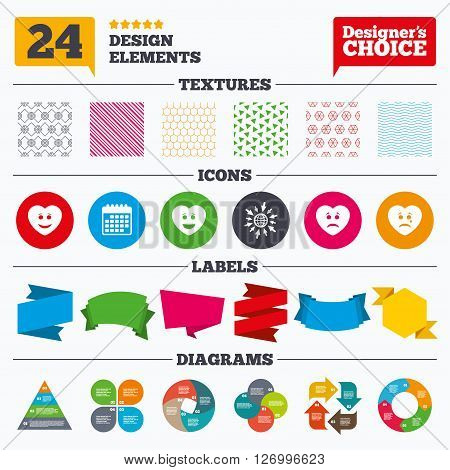 Banner tags, stickers and chart graph. Heart smile face icons. Happy, sad, cry signs. Happy smiley chat symbol. Sadness depression and crying signs. Linear patterns and textures.