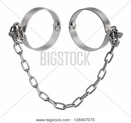 Metal shackles with chain. Isolated on white background. 3d render