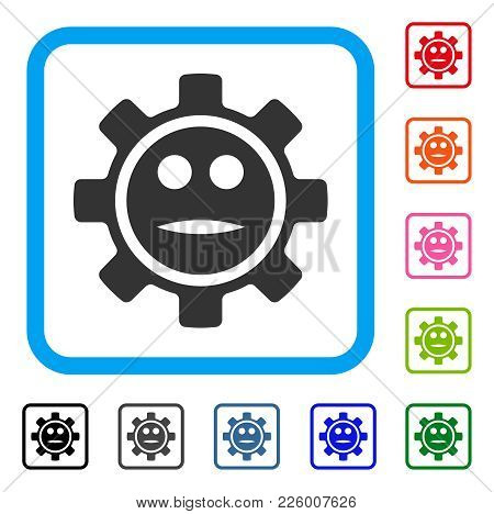 Options Gear Neutral Smiley Icon. Flat Grey Pictogram Symbol Inside A Blue Rounded Frame. Black, Gra