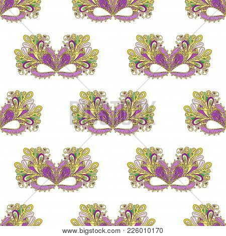 Mardi Gras Carnival Mask With Colorful Feathers. Seamless Pattern