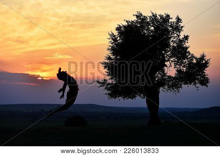 Young Happy Woman On Field In Summer Sunse