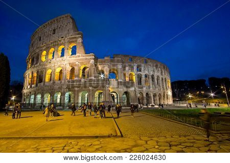 February 2018: A Night, Long Exposure Of The Ancient Roman Colosseum In Rome, Italy