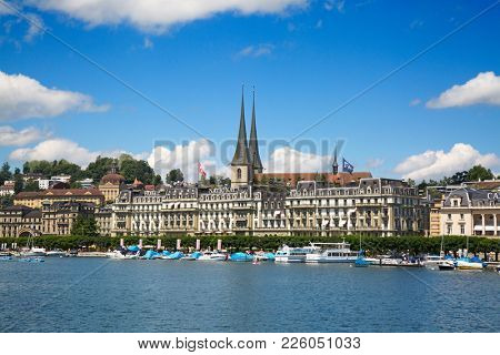 Lucerne, Canton of Lucerne / Switzerland - July 03 2016: View of the picturesque old city of Lucerne. Lucerne is important historical and cultural city in the german speaking part of Switzerland. 