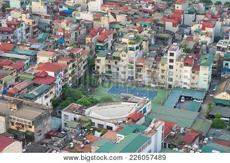Aerial View Of Crowded Resident Houses In Chuong Duong Do, Hoan Kiem District, Hanoi, Vietnam. A Ten