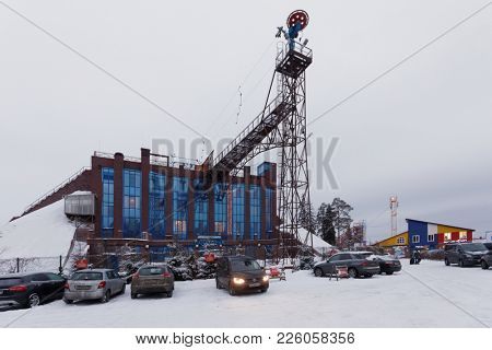 KRASNOE OZERO, LENINGRAD REGION, RUSSIA - FEBRUARY 1, 2018: People in ski resort Krasnoe Ozero during Freestyle Europa Cup. Athletes from 7 countries participate in competitions