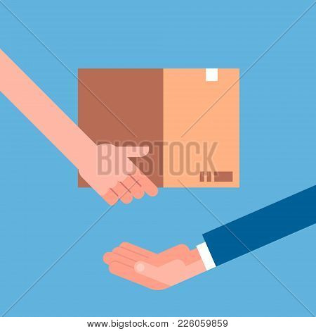Man Hand Giving Cardboard Package To Another. Delivery Courier Shipping Concept Flat Vector Illustra