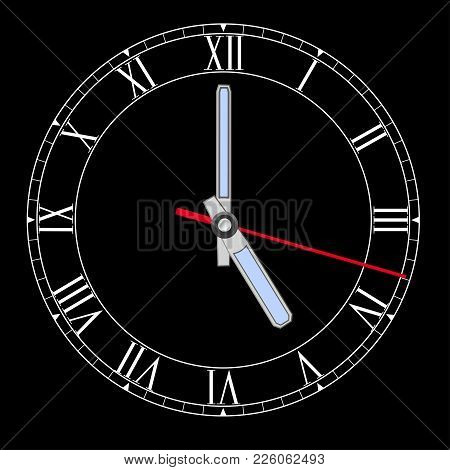 Black Clockface With Roman Numerals. Five O Clock. Vector Illustration