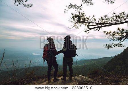Lover Women And Men Asians Travel Relax In The Holiday. Photograph Mountain Landscapes Atmosphere In