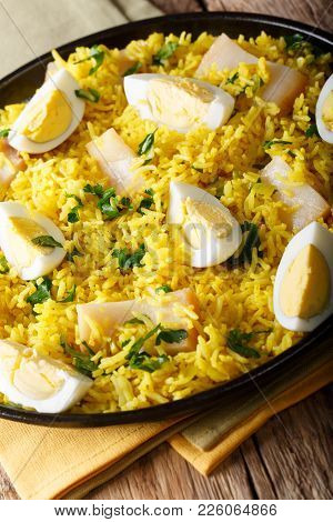 Kedgeree, Traditional Scottish Meal With Rice, Fish And Eggs, Vertical