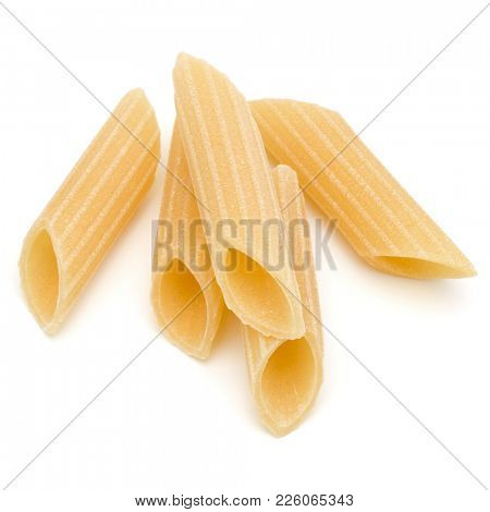 Italian pasta isolated on white background. Pennoni. Penne rigate.