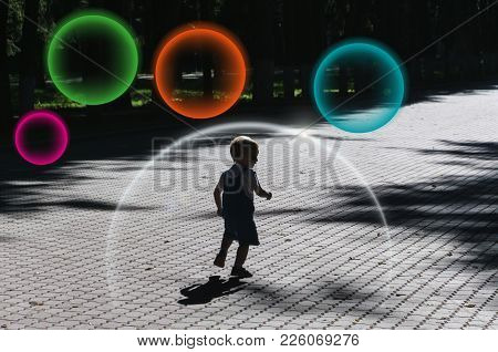 Protection Against Vaccination. A Little Boy Runs Through The Park. Protective Transparent Dome Bact