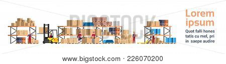 Warehouse Interior Box On Rack And People Working. Logistic Delivery Service Concept Template Backgr