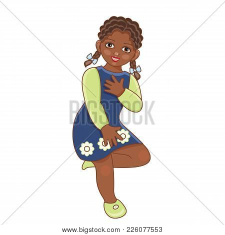Vector Flat African American Black Girl In Summer Dress With Pigtails, Skirt Faving Fun Dancing. Iso