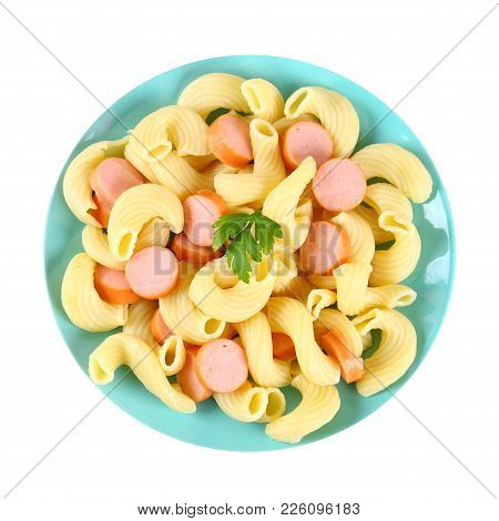 Macaroni With Sausages On A Blue Plate Isolated On White Background