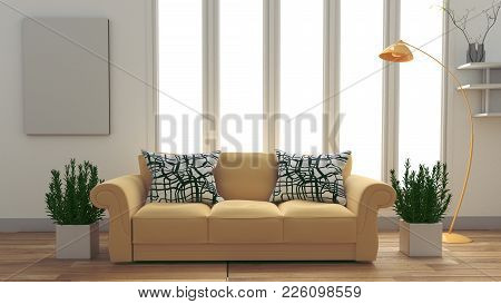 White Living Room Interior Design, Yellow Fabric Sofa ,lamp And Plants And Frame On Empty White Wall