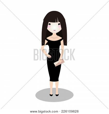 Asian Girl Wearing A Little Black Dress. Evening Outfit. Young Lady Going On A Date. Elegant Special