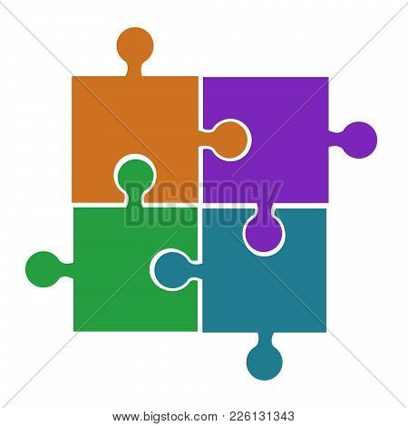 Four Puzzle Pieces Orange Violet Green And Blue Vector Icon, Concept Of Problem Solution Or Connecti
