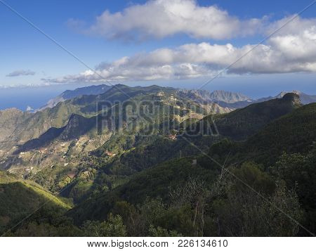 View Point Amogoje, Green Hills With Rock In The Sea El Draguillo In Anaga Mountain, Tenerife  Canar