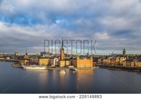 Panoramic View Of Famous Stockholm City Center With Historic Riddarholmen In Gamla Stan Old Town Dis