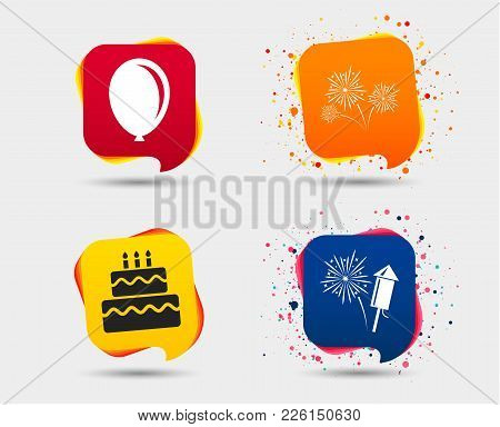 Birthday Party Icons. Cake And Gift Box Signs. Air Balloon And Fireworks Symbol. Speech Bubbles Or C