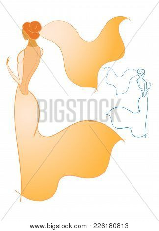 Young Bride Girl In Wedding Dress In Color And Outline