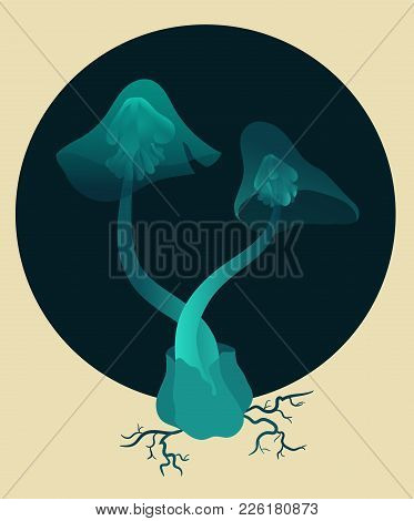 Two Magic Neon Mushrooms On A Background Of A Dark Circle