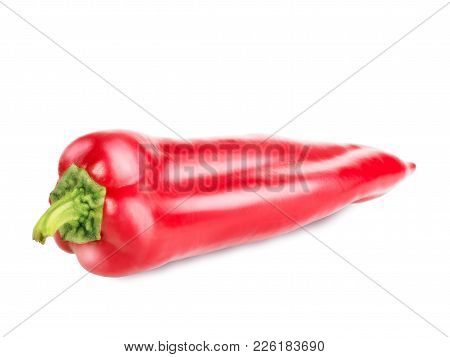 Red Pepper With Green Tail Isolated On White Background. Retouched Pepper With Texture, Glare And Sh
