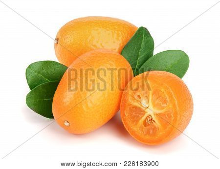 Cumquat Or Kumquat With Leaf Isolated On White Background Close Up.