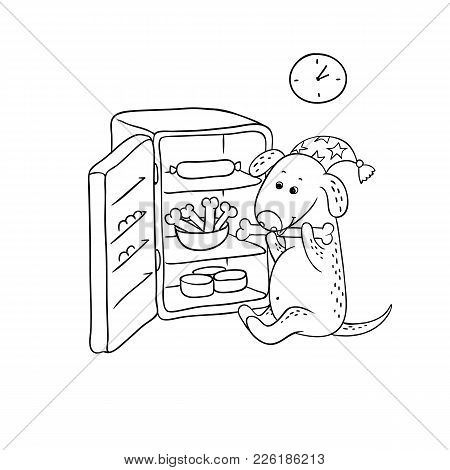 Vector Black-white Sketch Funny Cartoon Puppy. Character Hungry Dog In The Night Cap Sits By The Ope