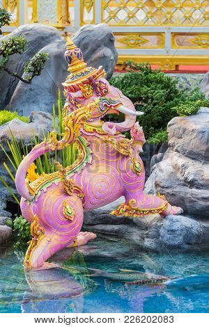 Bangkok, Thailand - December 25, 2017: Elephant Sculpture, The Animal In Thai Literature Himmapan To