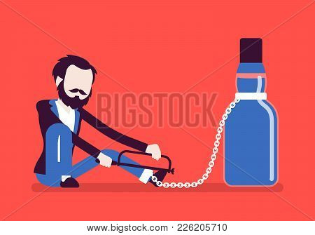 Man With Bottle In Alcohol Dependency. Young Frustrated Person With Addiction To Alcoholic Drink, Un