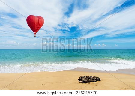 Beautiful Red Balloon In The Shape Of A Heart At Karon Beach, Phuket, Thailand. Asia