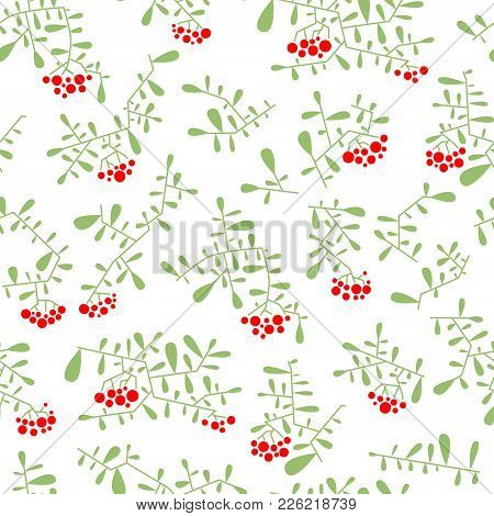 Rowan Berry Seamless Pattern In Flat Simple Style. Doodle Floral Botany Background With Branches And