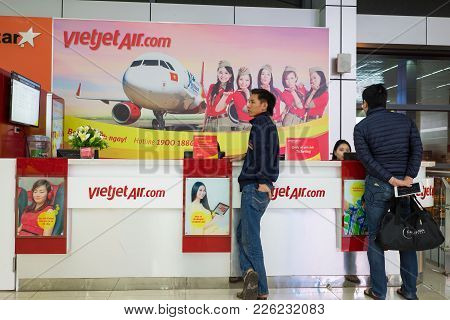 Hanoi, Vietnam - Mar 26, 2016: Ticket Counter Of Jetstar Pacific Airlines At T1 International Termin