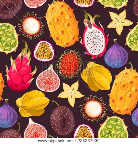 Seamless Vector Pattern With Tropical Fruit On Dark Background