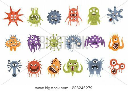 Aggressive Fantastic Monster Microorganisms Set. Bright Color Primitive Unfriendly Creatures Of Diff