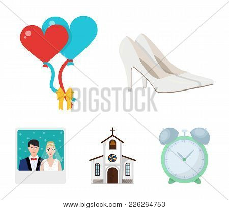 Elegant Wedding Shoes With Heels, Balloons For The Ceremony, A Church With A Stained-glass Window An