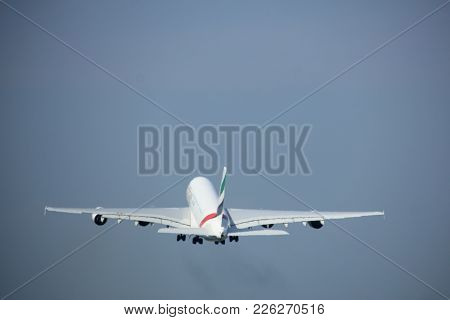 Amsterdam The Netherlands - May 6th, 2017: A6-eex Emirates Airbus A380-800 Takeoff From Polderbaan R