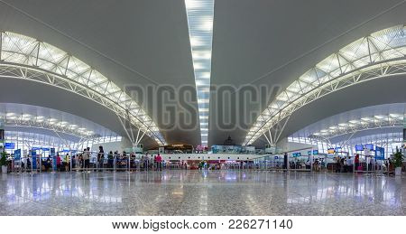 Hanoi, Vietnam - Apr 29, 2016: Panorama View Of Check-in Lounge Of Noi Bai International Airport T2