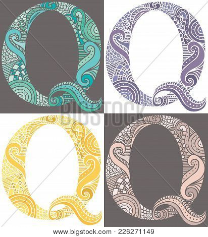 Hand Drawn Capital Letter Q In Turquoise, Purple, Yellow And Pink