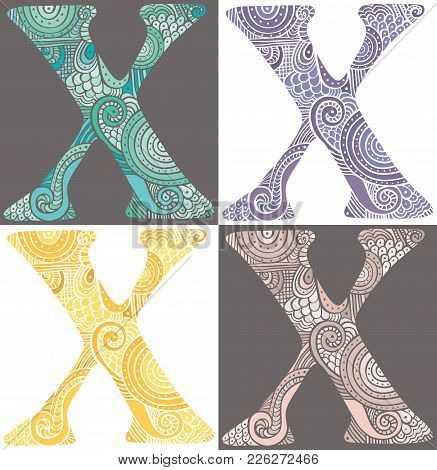 Hand Drawn Capital Letter X In Turquoise, Purple, Yellow And Pink