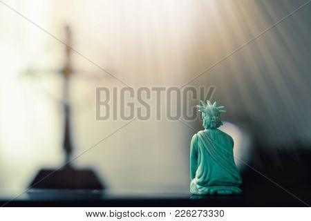 Back View Of The Statue Of Liberty Bow Down And Praying To God And Jesus Christ.god Bless America An