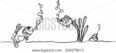 Hand Drawing Of Fishes And Shellfish Breathing Oxygen Underwater On Floor.