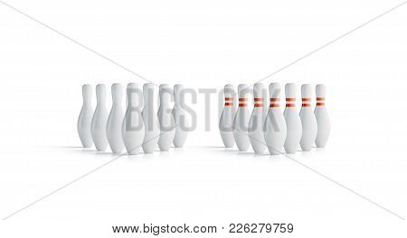 Blank White Bowling Skittles Set Mock Up, Front View 3d Rendering. Empty Bowling Skittle Mockup, Iso