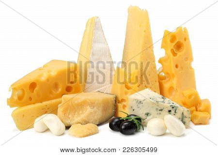 Variety Of Cheese Isolated On White Background. Different Sorts Of Cheese.