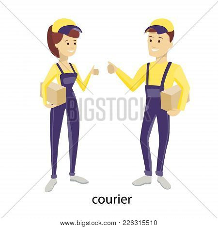 Isolated Delivery Couple. Man And Woman In Unform With Boxes.