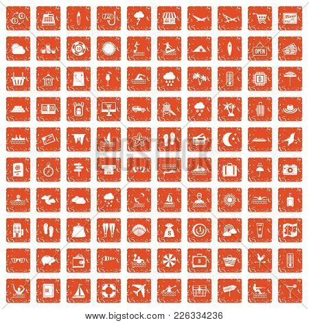 100 Seaside Resort Icons Set In Grunge Style Orange Color Isolated On White Background Vector Illust