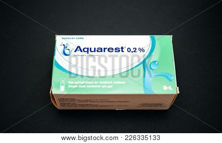 Paris, France - Oct 4, 2017: Eyedrops Aquarest Carbomere Made By Bausch And Lomb - Gray Background