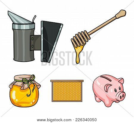 A Frame With Honeycombs, A Ladle Of Honey, A Fumigator From Bees, A Jar Of Honey.apiary Set Collecti